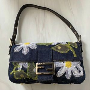 Fendi Mesh Floral Denim Embroidered Baguette Shoulder Bag